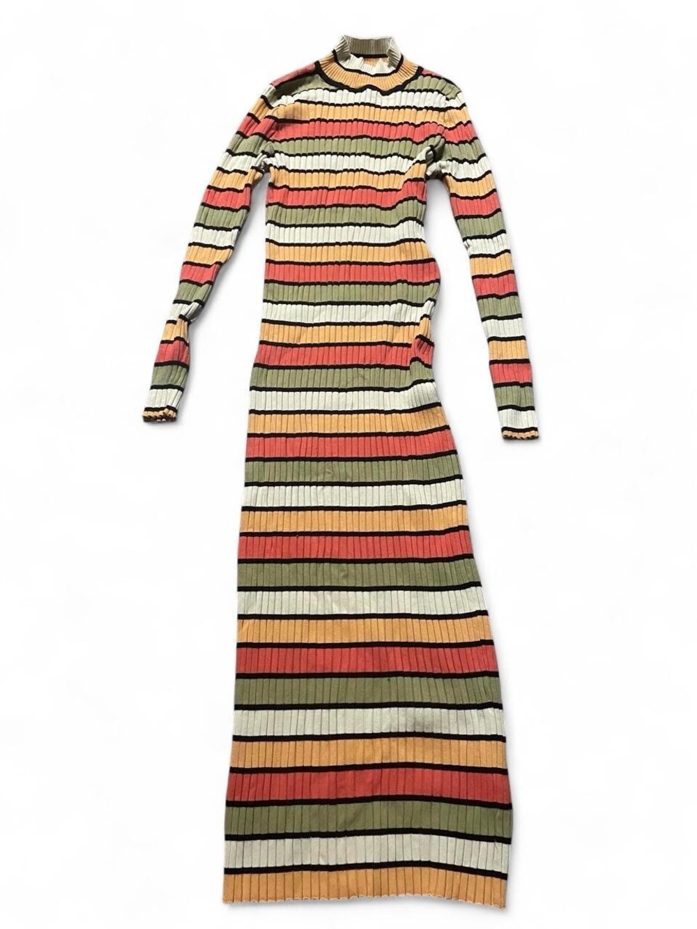 Striped Long-Sleeve Ribbed Maxi Dress in Olive, Coral & Cream